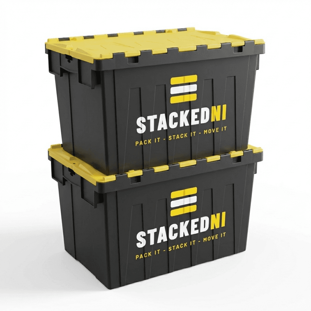 Stacked NI branded black moving crates with yellow lids, stacked